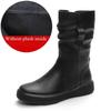 Fashion Women Boots Autumn Winter Plush Warm Mid Calf Boots Round Toe Zipper Pleated Thick Bottom Leather Cotton Boots