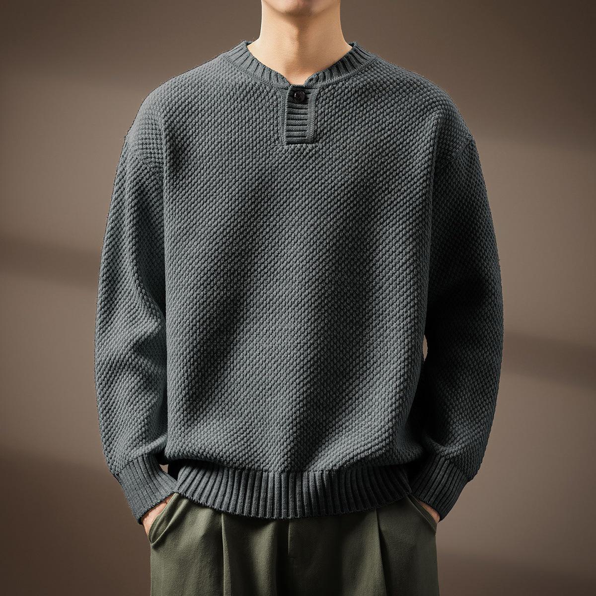 Luxury British Henley Collar Men s Sweater - 2025 Autumn/Winter Collection: Loose, Casual, Heavyweight Knitwear 2XL (170-190 jin)