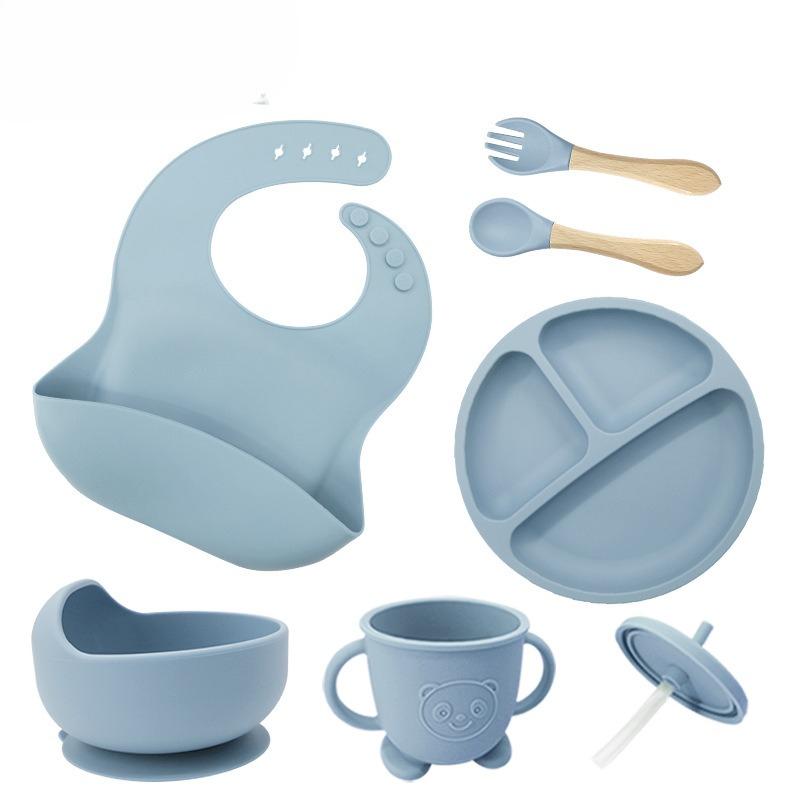 Children s silicone feeding tableware set, with suction cups on the bottom, 6 pieces