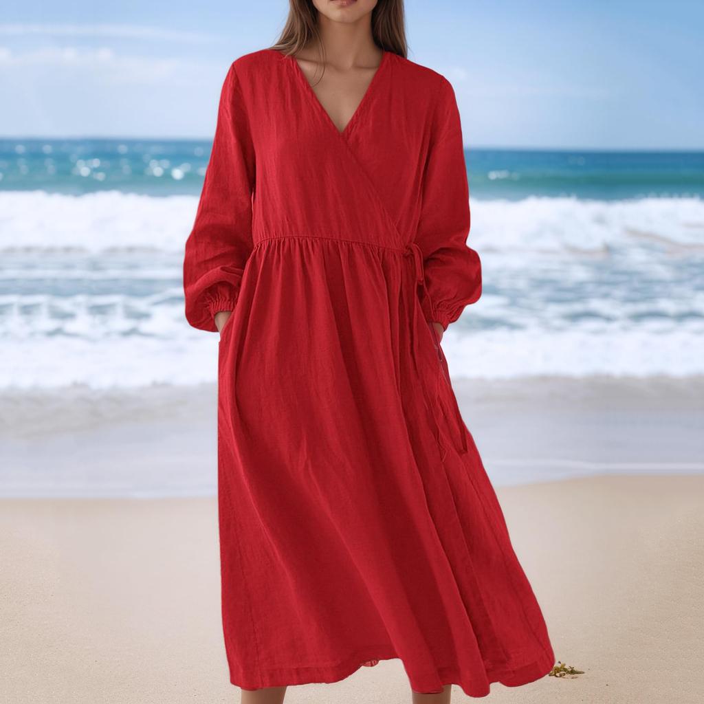 Modisches lockeres Damen-Freizeitkleid mit hohem Bund aus Baumwoll-Leinen-Mischung, langärmlig