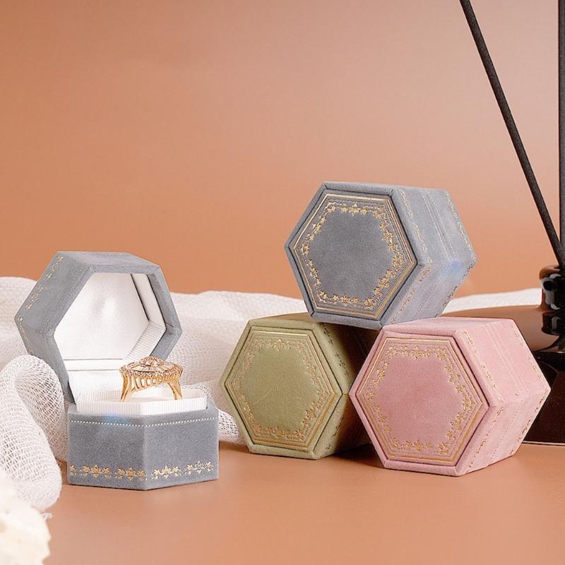 Hexagonal Ring Box with Gold-Tone Decorative Pattern, Velvety-Covered Case for Ring Storage and Gift Presentation