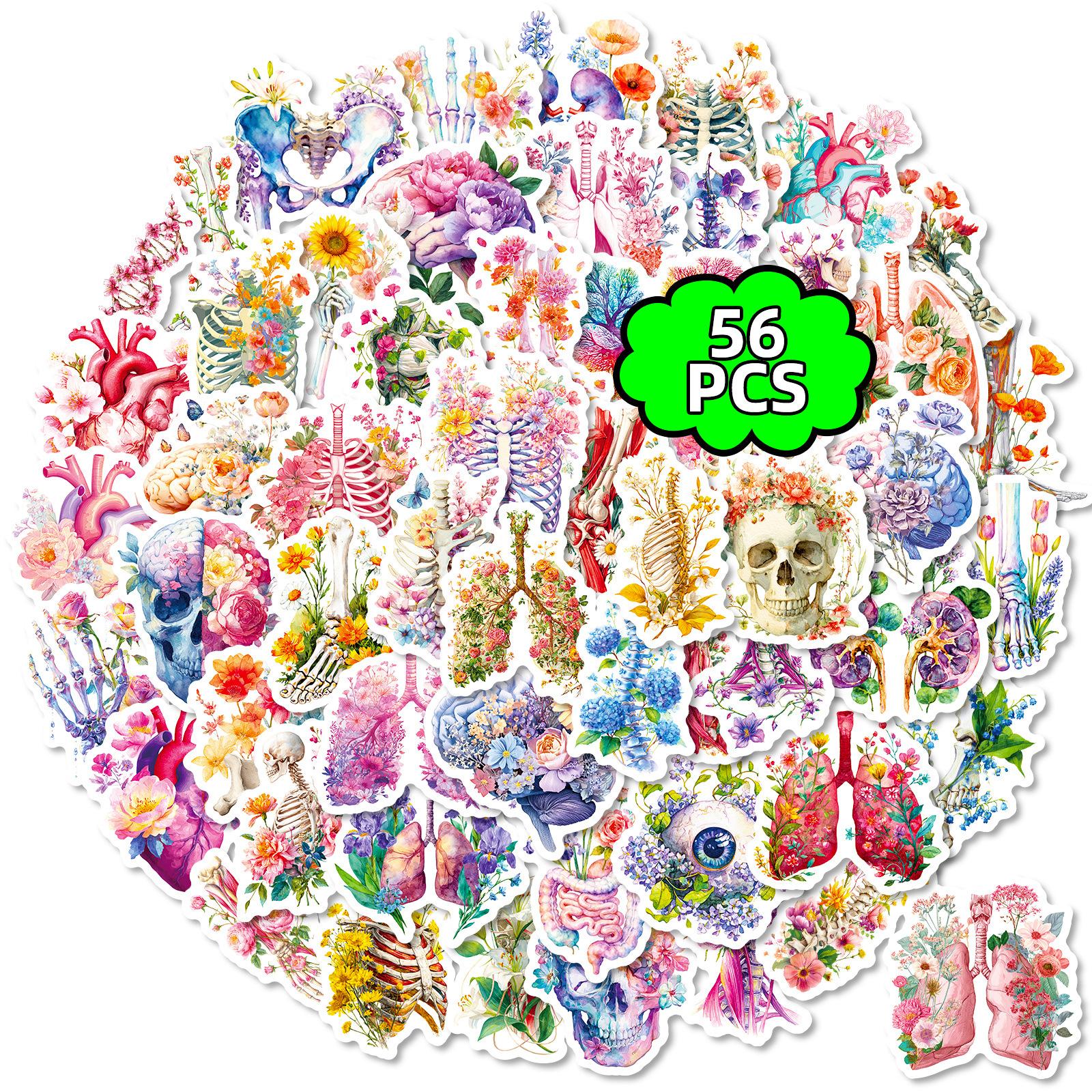 

56 Anatomical Aesthetics Flower Stickers Human Organs Skull Floral Combination Art Handbook Decorative Materials