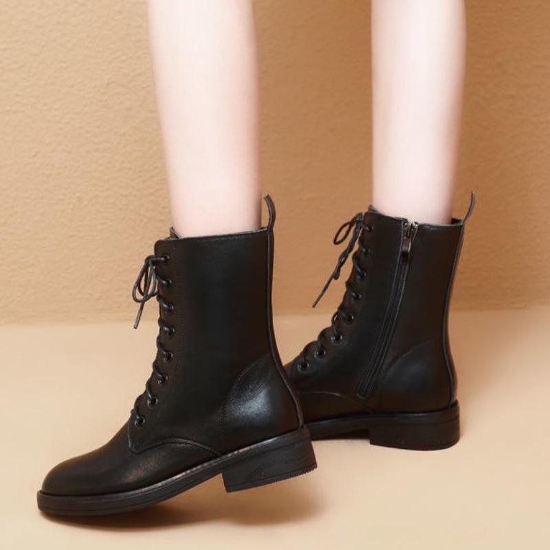 Black Elegant Middle Heel Lace-up Women's Half High Boots Autumn Winter Chic Comfortable Round Toe Warm Ladies Mid Calf Shoes