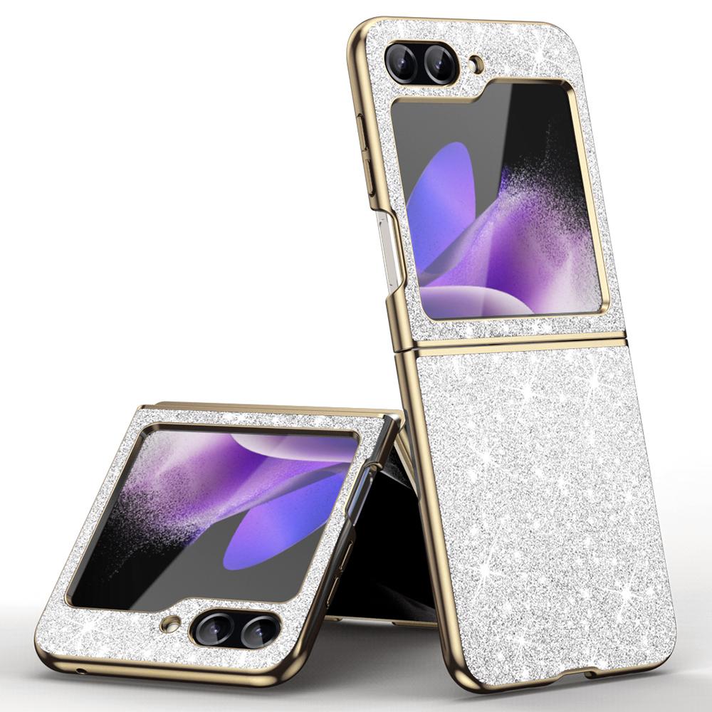 

For Samsung Galaxy Z Flip5 5G Case Electroplated Design Glitter Leather+PC Phone Cover Silver