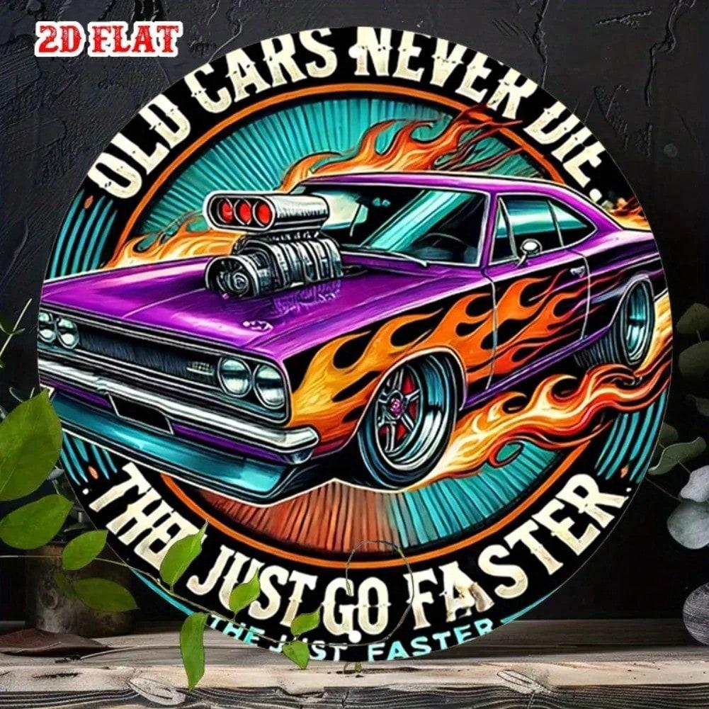 Vintage Muscle Car Metal Wall Art Retro Garage Decor With Old Cars Never Die Go Faster Slogans 20x20 разноцветный