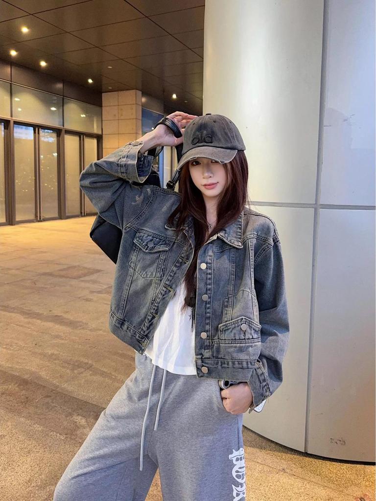 Women's Hong Kong Retro Washed Denim Polo Collar Jacket - Versatile Spring/Autumn Short Loose Fit