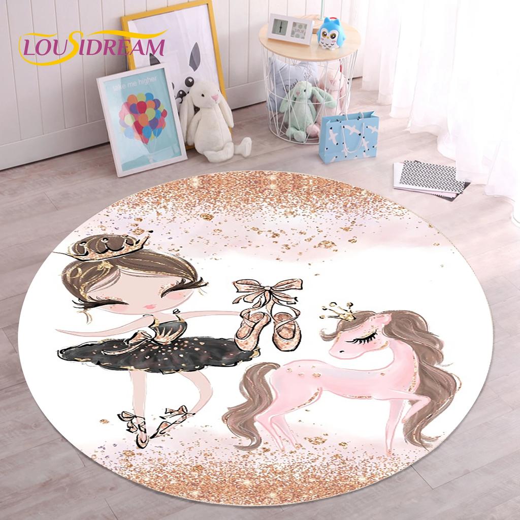 Cute Ballet Girl Ballerina Fairy Unicorn Cartoon Round Area Carpet Rug for Living Room Bedroom Kids Decor,Pet Area Rug Non-slip