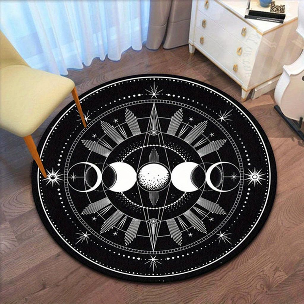 1pc Gothic Moon Phase Round Rug - Polyester Crystal Velvet, Non-slip, Washable Indoor Rug for Bedroom, Living Room