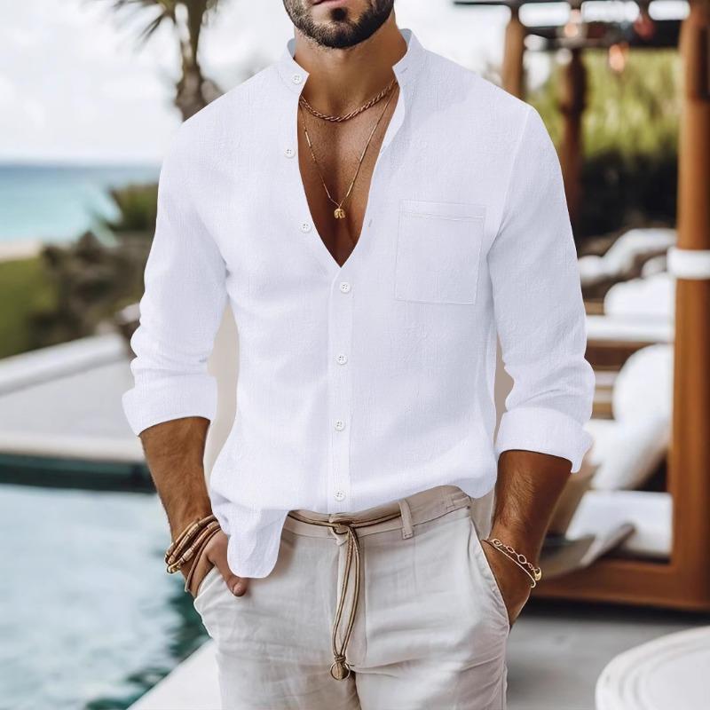 Mens Solid Color Stand Collar Long Sleeve Business Casual Shirt S белый