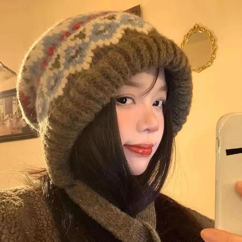 Sweet warm knitted straps rainbow hat women's new autumn and winter ear protection pullover hat