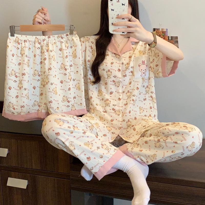 Leopard Print Love Heart Short Sleeve Pajama Set: Women's Summer Cloud Cotton Three-Piece Loungewear
