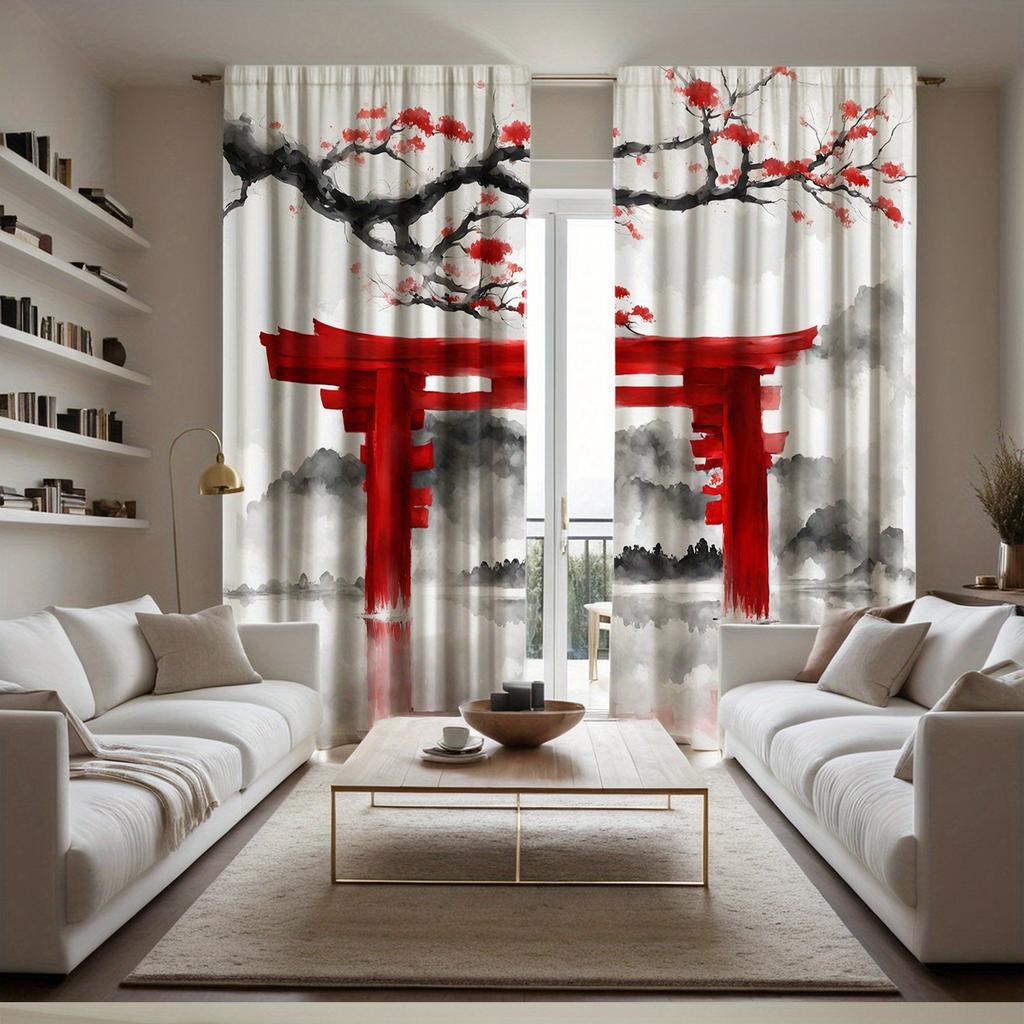 2pc Red Torii gate and cherry blossom black and white gray curtains   polyester fabric   suitable for bedroom living room