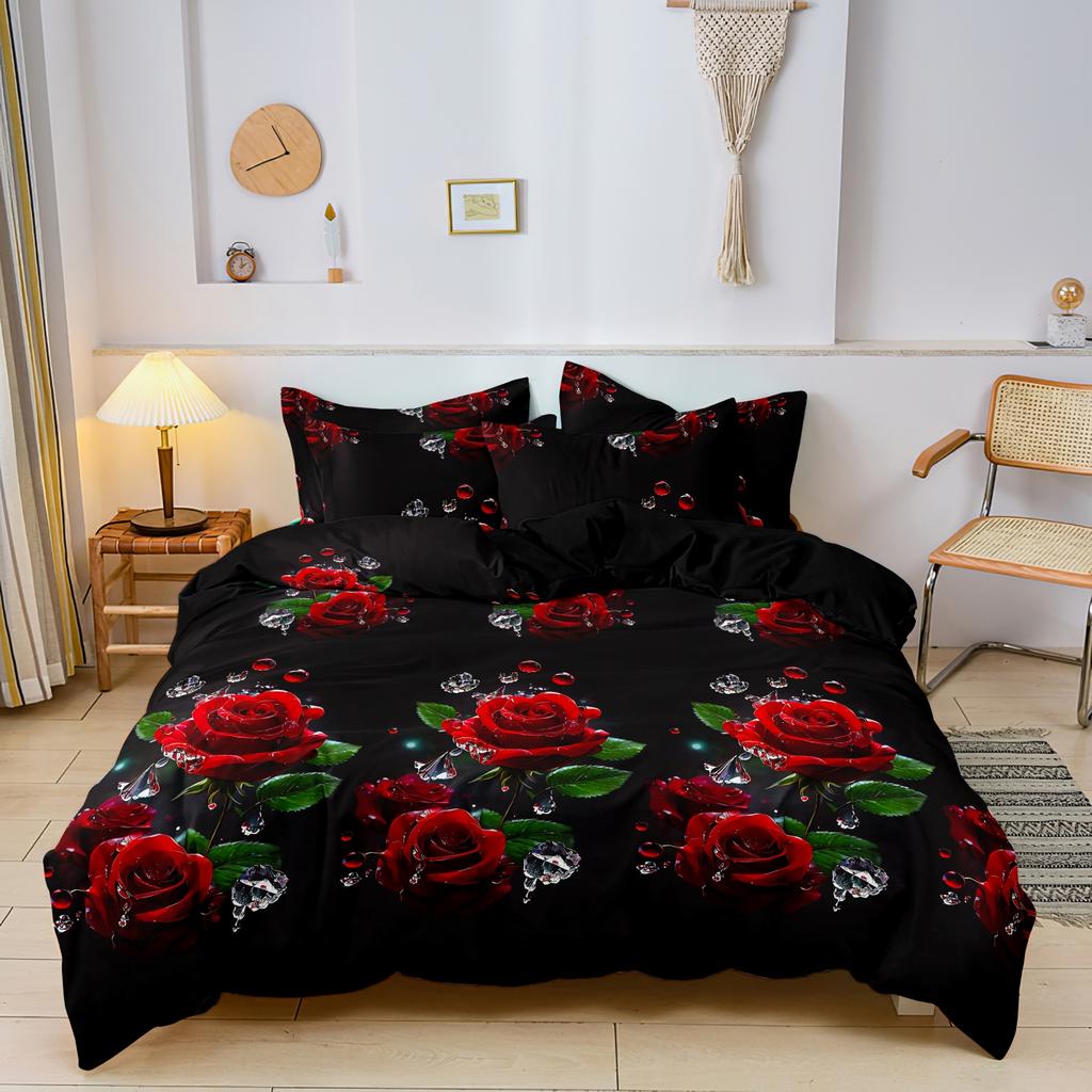 3Pcs Vibrant Red Rose with Crystal Duvet Cover Set, Black Floral Print Bedding, Ultra Soft Wrinkle Resistant Microfiber Bedding