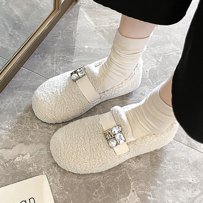 Fur Flats Women Loafers Shoes Bead Crystal Designer Casual Shoes 2025 Trend Short Plush Winter Cotton Boots Warm Botas De Mujer