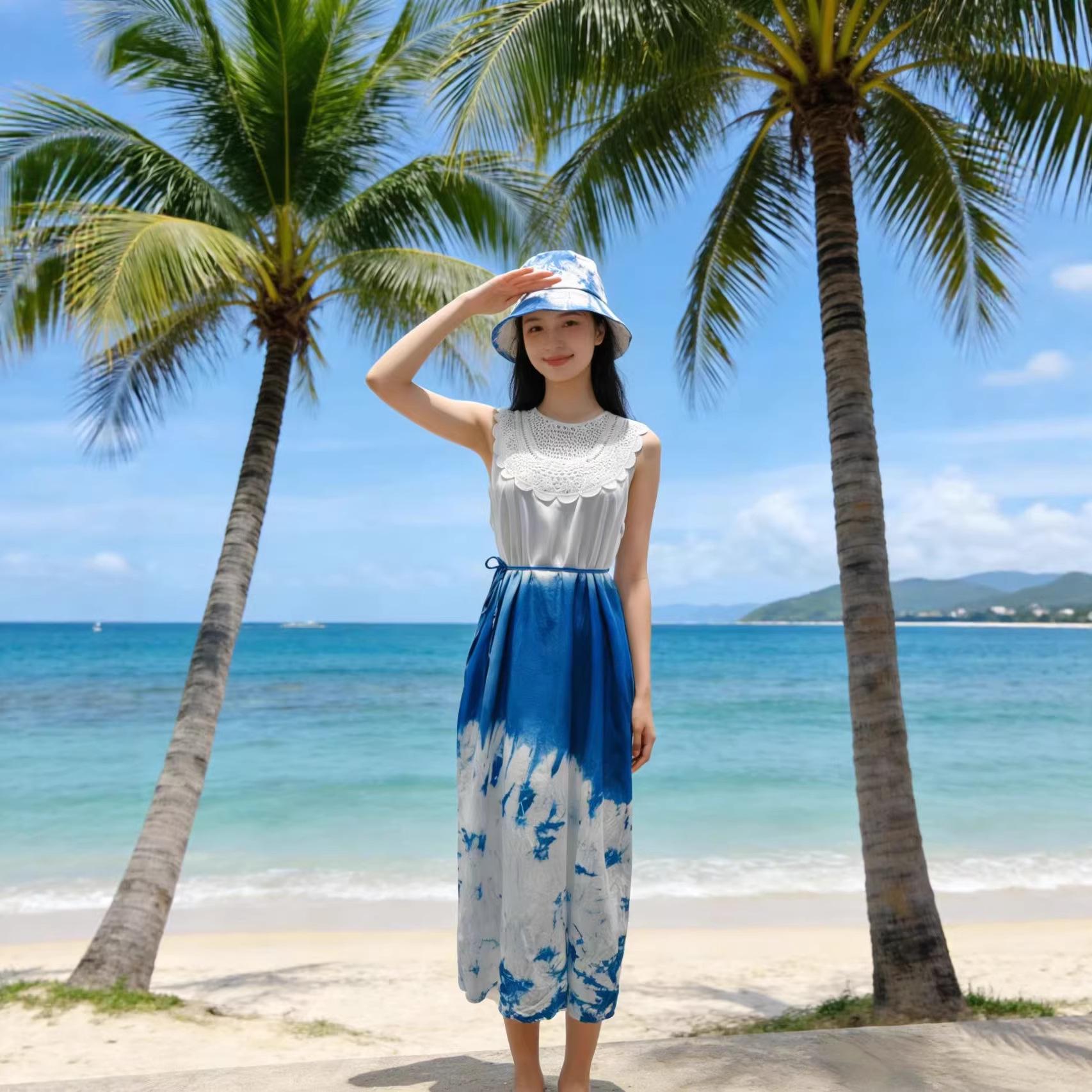 Yunnan Dali Handmade Tie-Dye Crochet Sleeveless Long Dress - Summer Vacation Style, Round Neck, Loose Fit (M3118) One Size