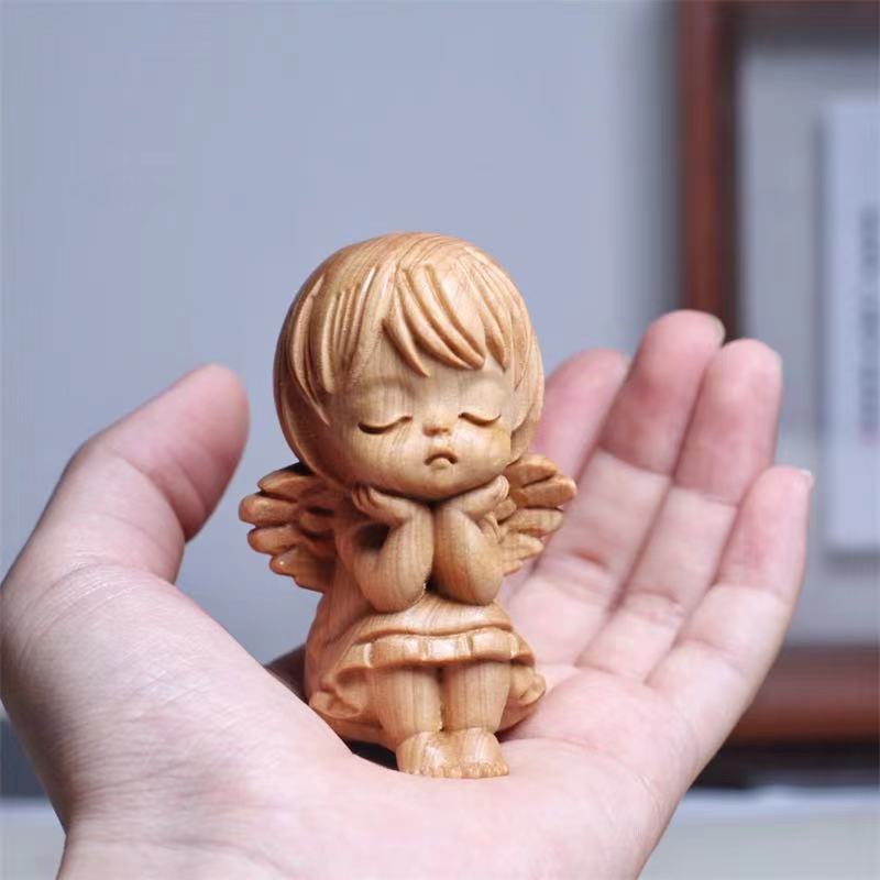 Natural Cypress Little Angel Characters Decorative Statue  Solid Wood Carving Cute Home Room Office Car Art Gift Figurines