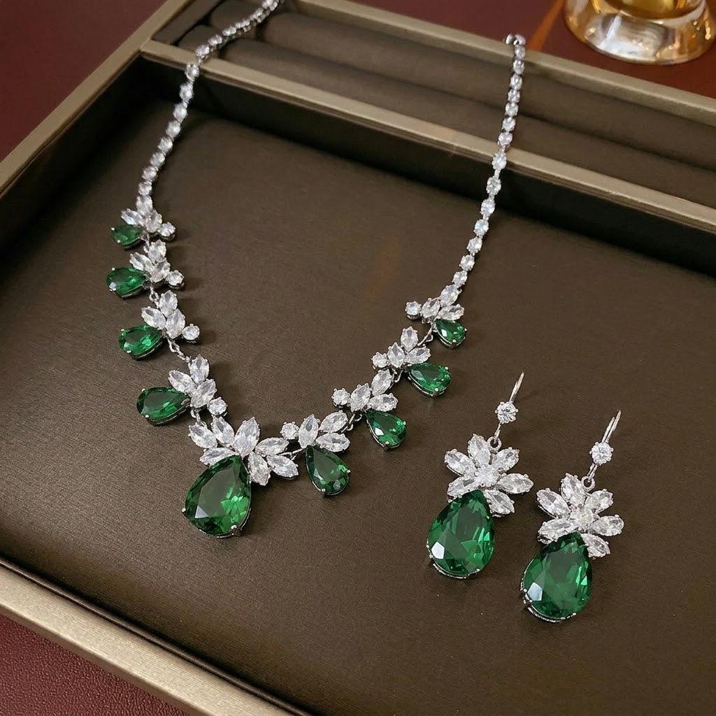 Cross-Border European and American Style Zircon Green Wheat Ear Jewelry Set with Necklace and Earrings for Women