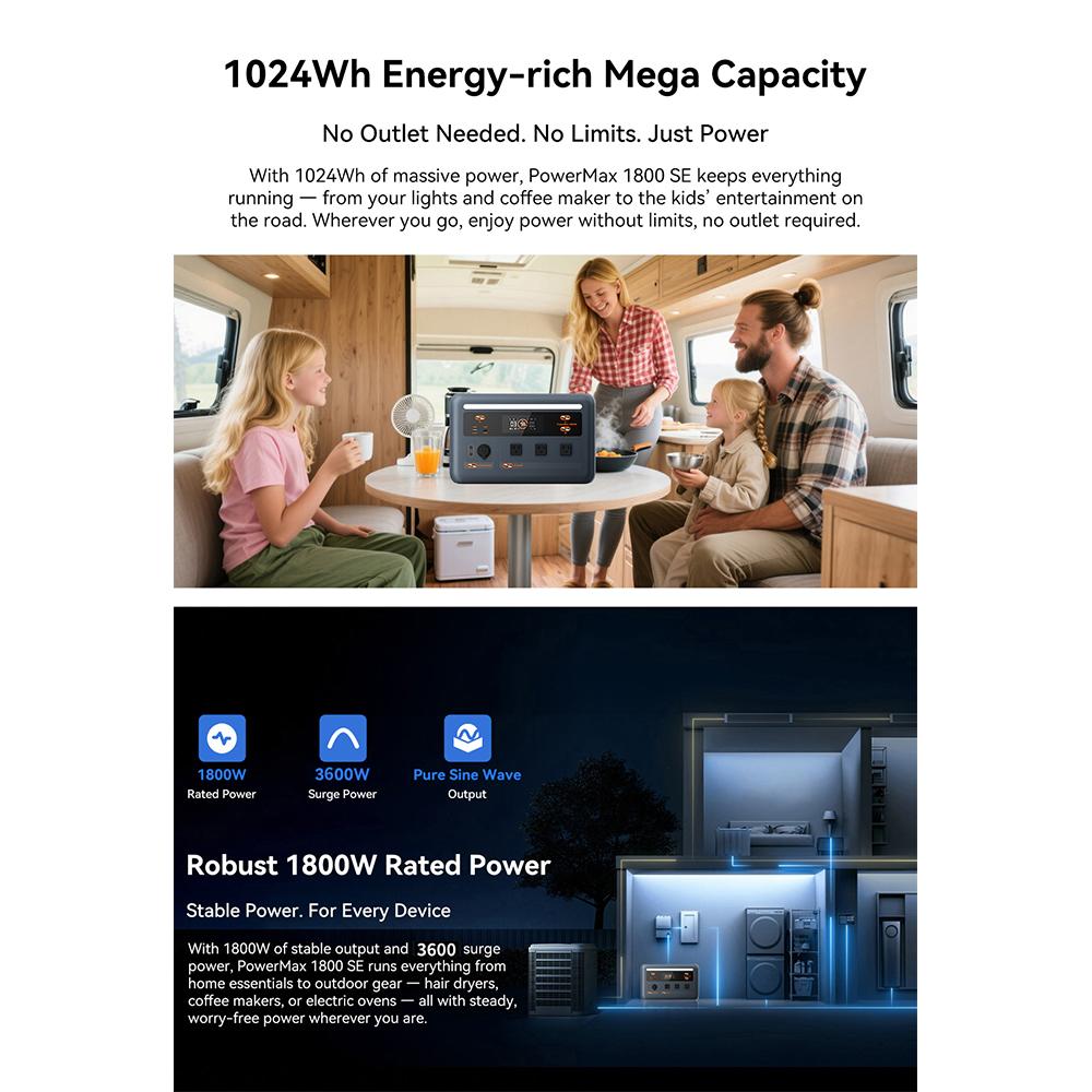 Portable Power Station OSCAL 1800W/120V 1024Wh LiFePO4 PowerMax 1800se