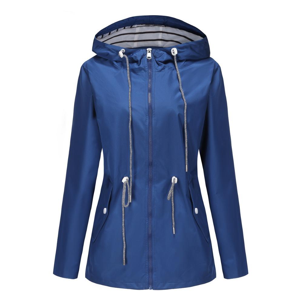 S-5XL European and American New Long-sleeved Water-repellent Mid-length Windbreaker Women s Hooded Striped Raincoat Plus Size Women s Clothing S синий
