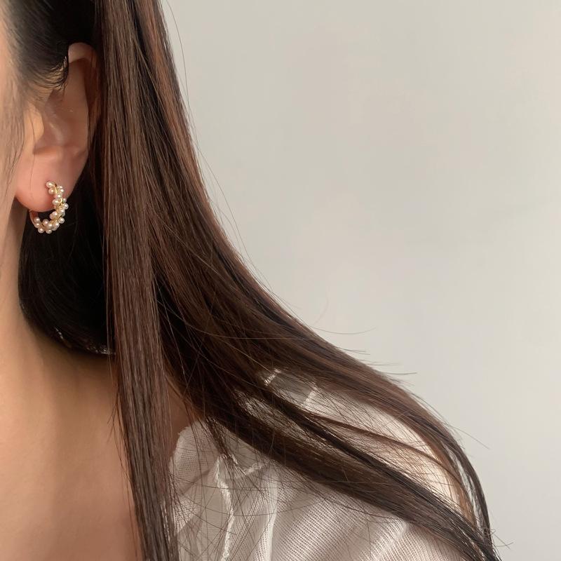 PONYKISS  Sterling Silver Needle Distort Pearl Round Hoop Earrings for Women Trendy Fashion  Minimalist Accessories