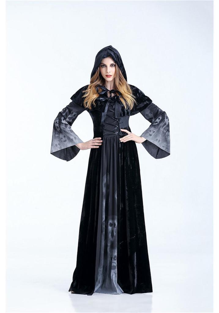 Vampire & Witch Halloween Costume: Skull Print Hooded Dress for Adults & Kids