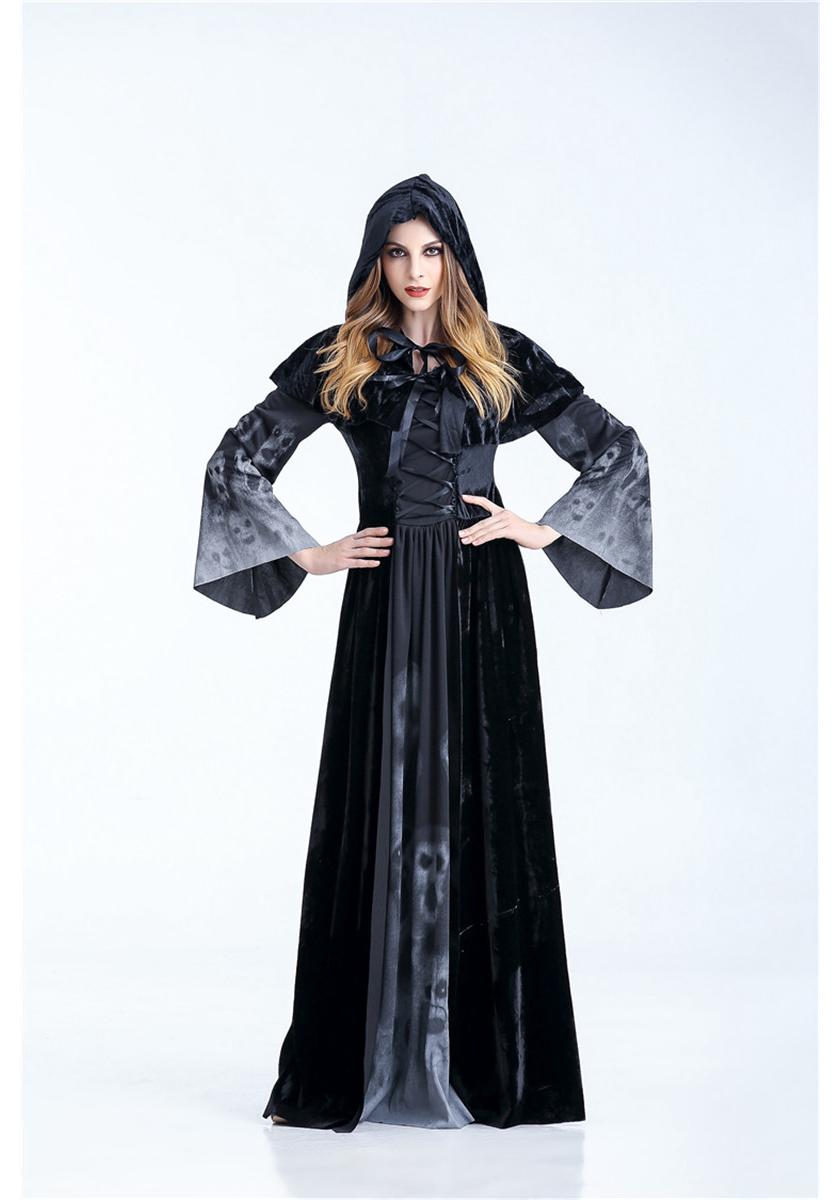 Vampire & Witch Halloween Costume: Skull Print Hooded Dress for Adults & Kids S
