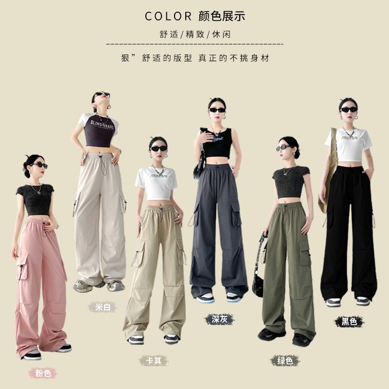 American wide-leg paratrooper overalls women's summer high-waisted mountaineering sports pants loose retro casual charging paper bag pants