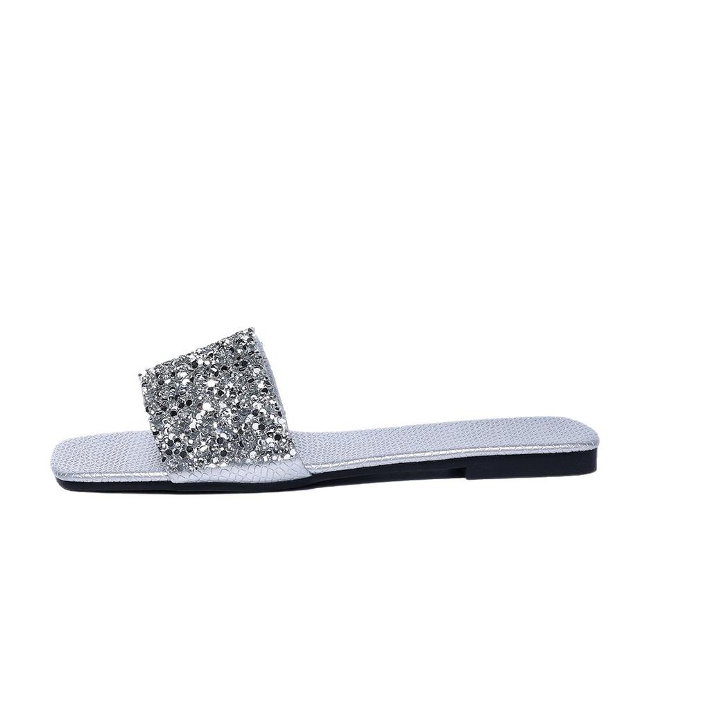 Sequined Slippers Women's 2025 Summer New Large Size Flat Slippers Comfortable Beach Slippers
