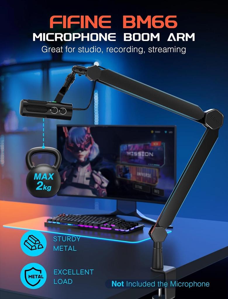 FIFINE Boom Arm Microphone Stand, Desktop Microphone Stand with Extension Pole, Telescoping and Folding, 360° Rotation, Adjustable Angle, 14" To 38"