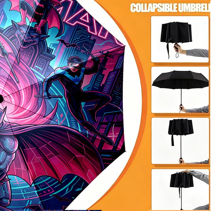 Custom Name Personalized Batman Print Umbrella, Auto Open Close, 8‑Rib Sturdy Frame, Commute Camping Hiking Use, Birthday Gift
