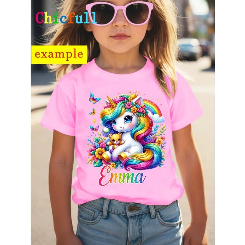 

Custom Style DZTX32025 WML Girls NAME Personalized Name Colorful Unicorn Pattern Print Cute Playful Versatile Casual Round Neck T-Shirt 110