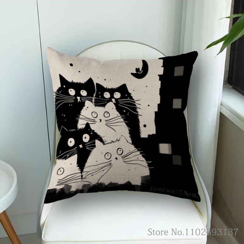 Cute Black And White Cat Printing Pillowcase Cotton Linen Fabric Square Zipper Pillowcase Wedding Decorative Pillow Cover