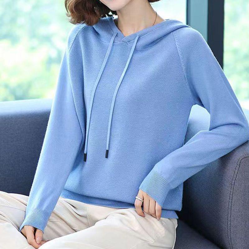 Свитер с длинными рукавами, женский корейский свободный свитер с капюшоном и рукавами, ранний осенний свитер, женский пуловер One Size небесно-голубой