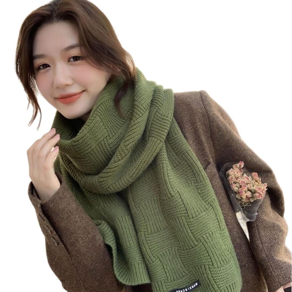 Letter Logo Plaid Knitted Scarf for Women Winter Solid Color Versatile Temperament Thickened Woolen Scarf Trendy Couple Style