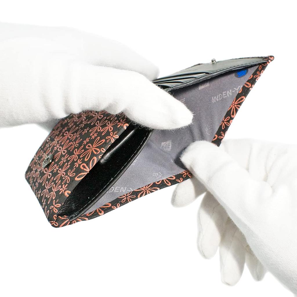 Inden Bill Compartment Coin Black with Pink Snowdrop [Inden-ya] Bi-fold Wallet, H, Box-type Purse, Deerskin, Pattern, Pattern, 2204-51-160
