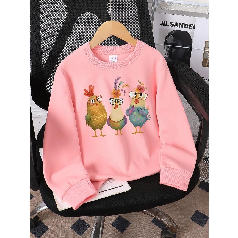 Girls' Long-Sleeve Round Neck Sweatshirt with Printed Design Funny Chicken Print Suitable for Spring And Autumn, Fashionable And Casual