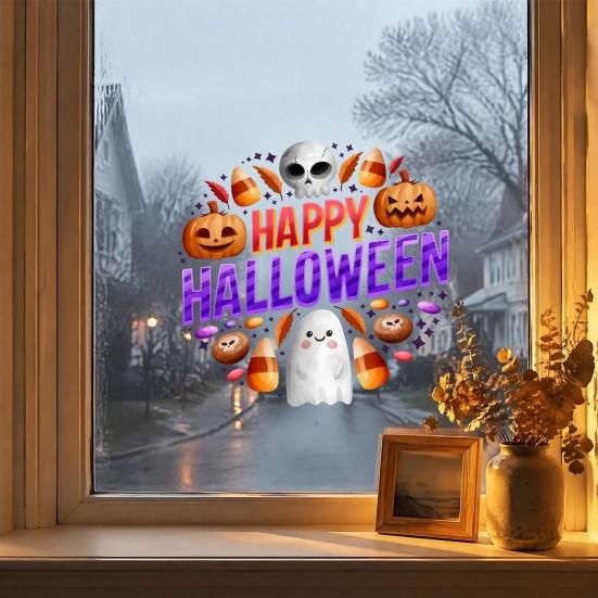 Waterproof PVC Party Decorations Halloween Window Clings, Cute Ghost Pumpkin Skull Happy Sticker, Reusable DIY Layout Double Sided Static Glass Decals