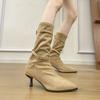 2025 Fashion Pointed Heel Suede French Skinny Short Boots Fashion Buckle Medium Tube Folds Pile Boots Black Women