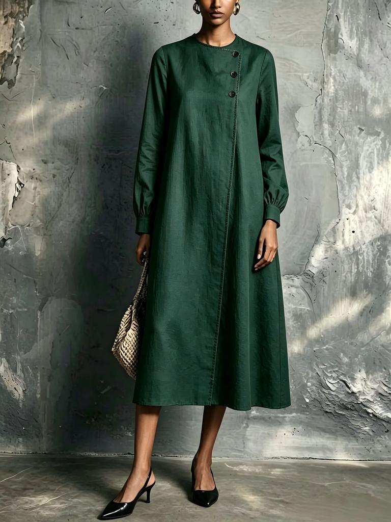 European and American autumn and winter temperament dress women, round neck button decorative zipper long sleeve loose dress