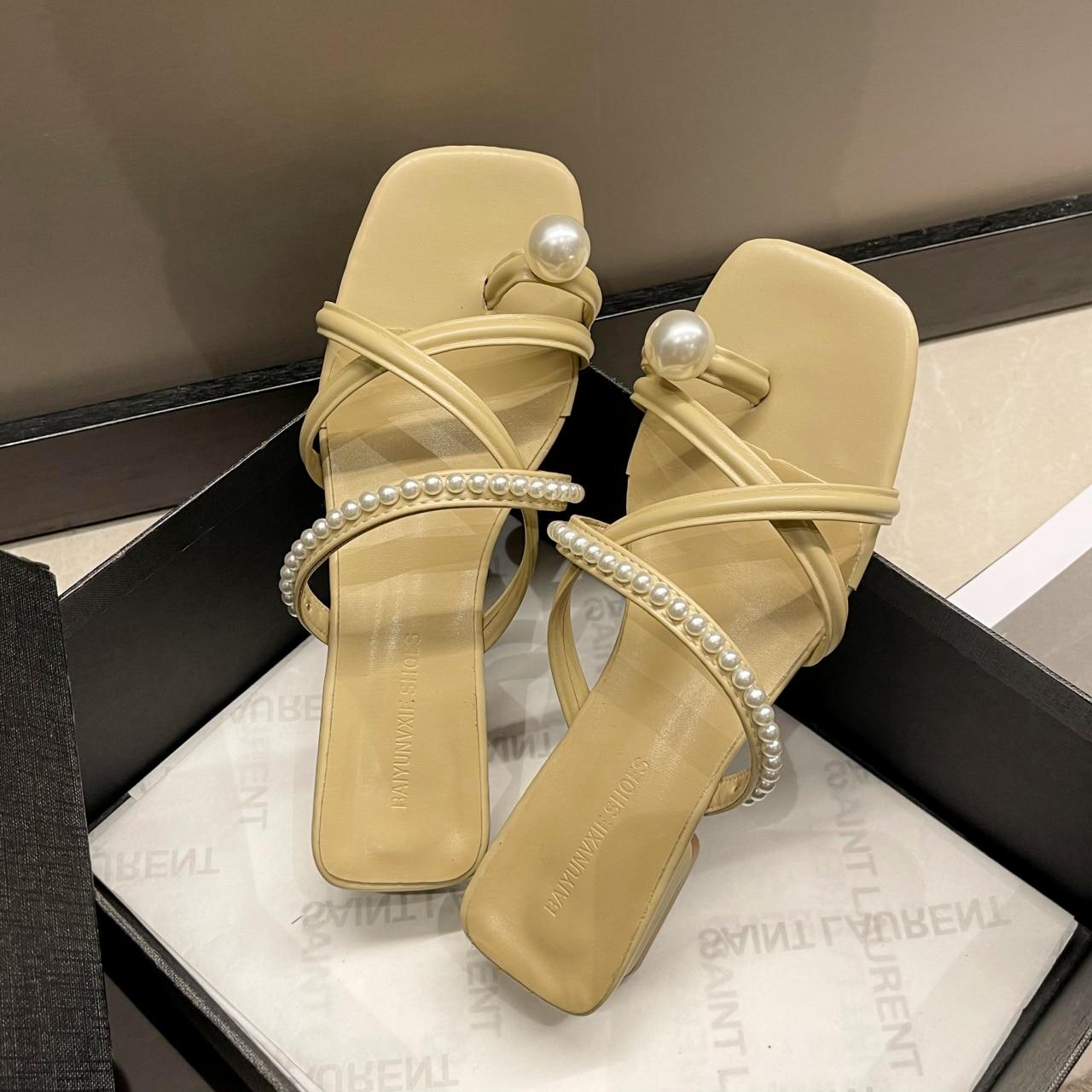 

Жіноче взуття Мюлі Тапочки для відпочинку Жіночі шльопанці Повсякденні туфлі на середньому каблуці Літні тапочки з бісером та перлинами Літні тапочки великих розмірів 40 жовтий