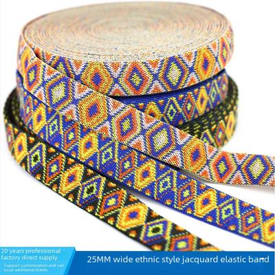 25 mm breites, buntes, ethnisches Jacquard-Gummiband für Kleidung, Schuhe und Hüte
