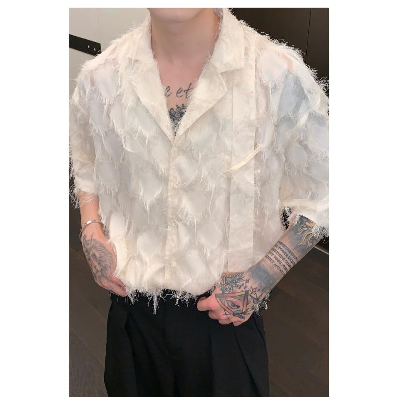 Men's Frayed Textured Short Sleeve Shirt Casual Chinese Style Clip Detail Streetwear Top