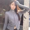 A New Slim, Loose and Short, Elegant Double-zipper Stand-up Collar Knitted Cardigan for Women
