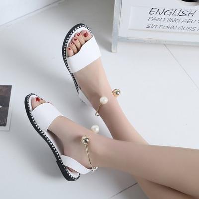 Four Seasons Sandals Women's Summer Opentoed Simple Flat Sandals Women's Pearl Buckle Student Women's Shoes