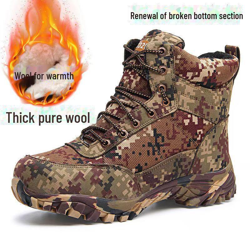 Men's Camouflage Sheepskin Snow Boots - High Top Winter Wool with Fur Lining