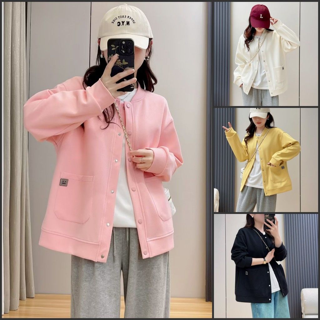 Dámská nadměrná mikina s fleecovou podšívkou v korejském stylu, kardiganová bunda s dlouhým rukávem, volná, zeštíhlující, všestranná, ležérní baseballová bunda na podzim