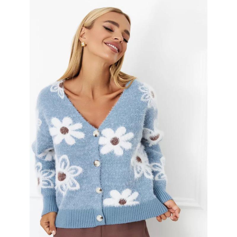 Damen Cropped Floral Jacquard V-Ausschnitt Dickstrick Cardigan Pullover Oberbekleidung