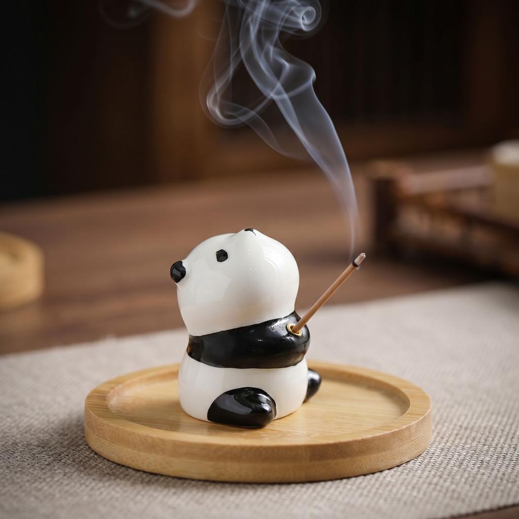 Creative Panda Incense Holder with Wooden Round Tray Set Includes 40 Incense Sticks Decorative Home Fragrance Accessory