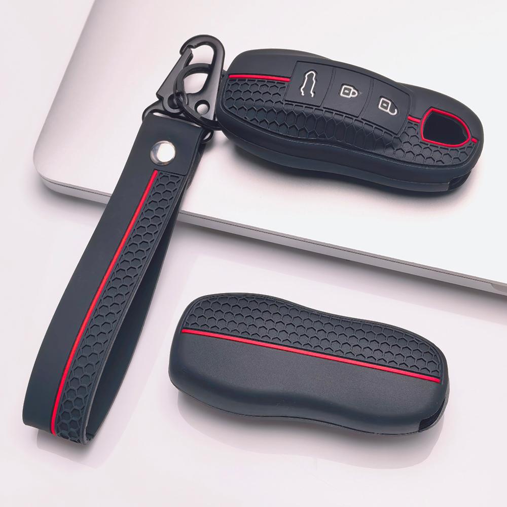 Silicone Car Key Fob Cover for Porsche Cayenne Macan Panamera 911 Boxster Cayman Taycan 718 Spyder GT3 RS with Keychain Key Shell Accessory