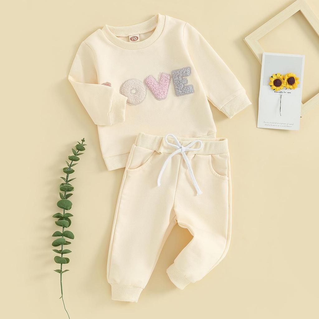 Baby 2 Piece Cute Outfit Plush Letter Embroidery Long Sleeve Sweatshirt and Elastic Pants Set for Infant Fall Clothes